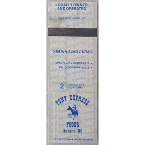 Vintage Matchbook Cover Pony Express Foods Bismarck ND North Dakota Silver Blue
